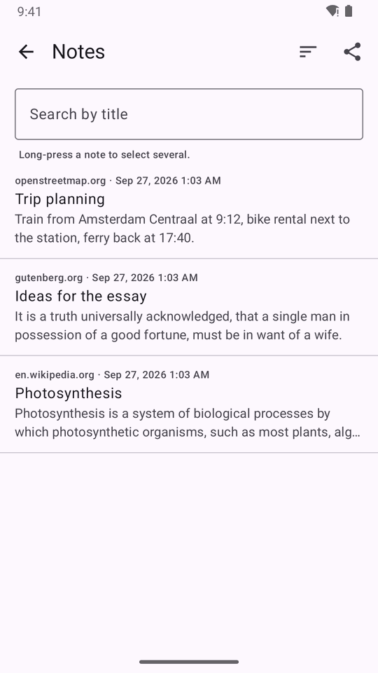 The list of encrypted notes
