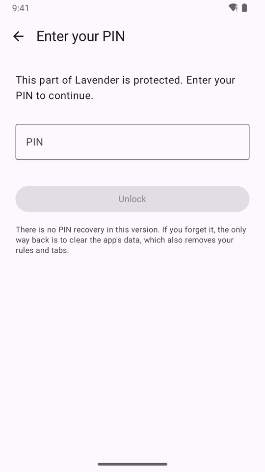 The PIN screen protecting the wellbeing rules