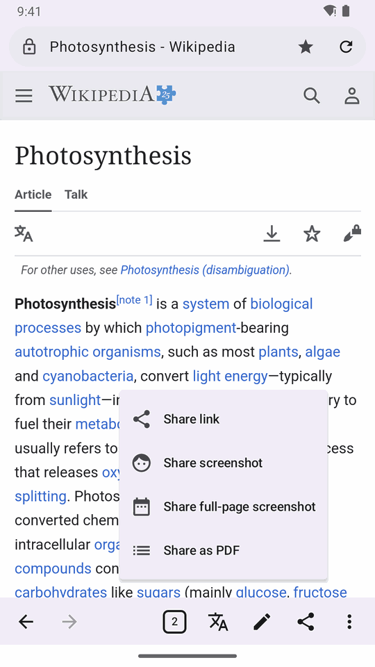 The share menu: link, screenshot, full-page screenshot and PDF