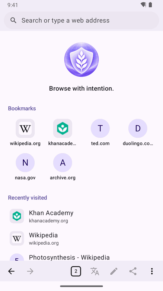 Lavender's start page with bookmarks and recently visited sites