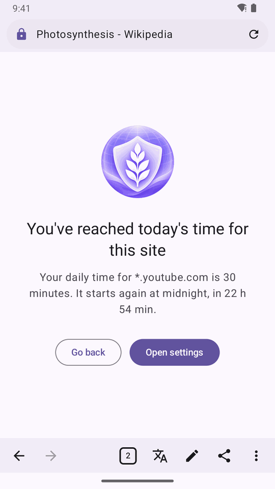 The calm page shown when a site's time for today is used up